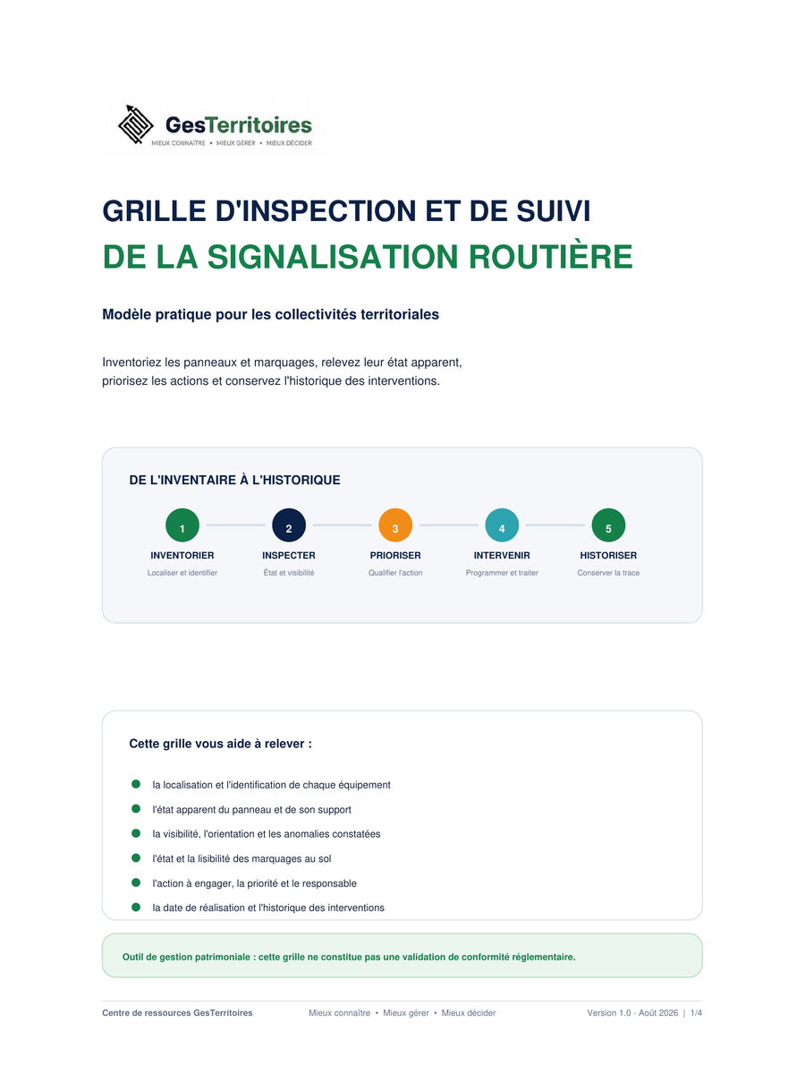 Aperçu d’une grille d’inspection et de suivi de la signalisation routière permettant d’inventorier les panneaux et marquages, relever leur état et tracer les interventions.